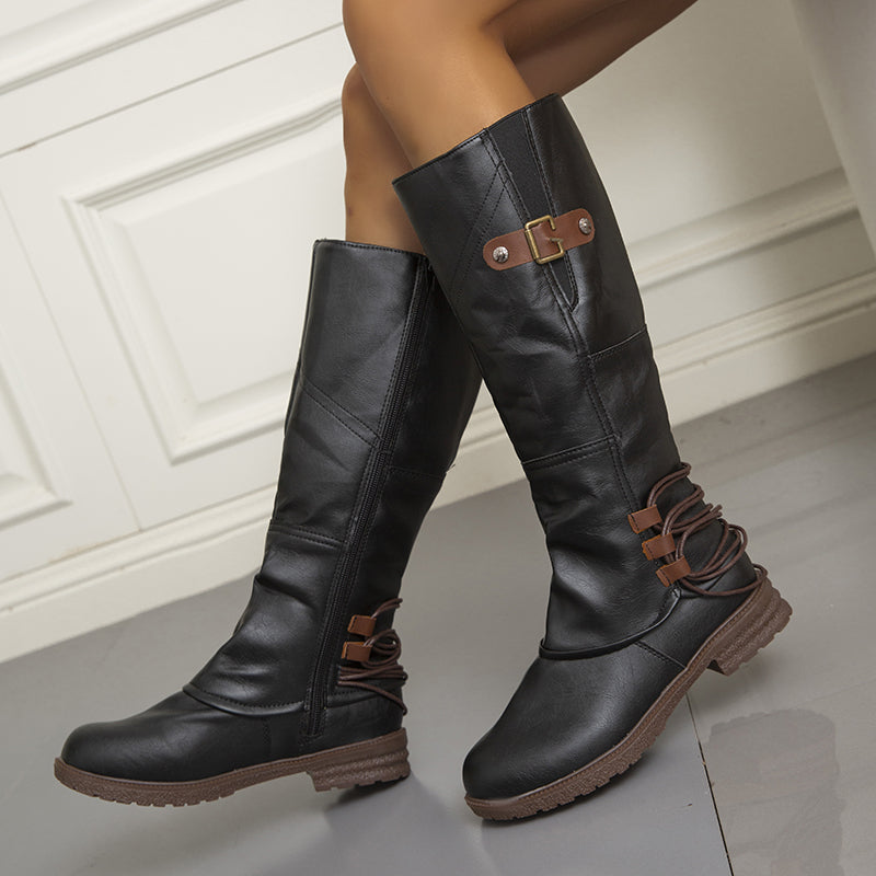 🎁Último día 50% de descuento❤️ Botas altas de caña ancha con cremallera de cuero vintage para mujer