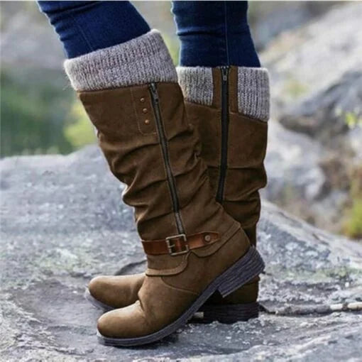 🎁Último día 50% de descuento❄️ ❤️ Botas de piel para mujer de tacón plano, ancho, media pantorrilla y cremallera